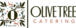 Olivetree Catering logo with olive branches, leaves, and colorful dots surrounding the letter O and text, OLIVETREE CATERING EST. 1979.