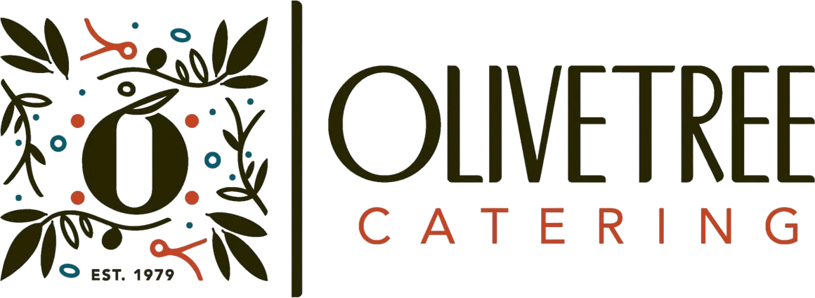 Olivetree Catering logo with olive branches, leaves, and colorful dots surrounding the letter O and text, OLIVETREE CATERING EST. 1979.