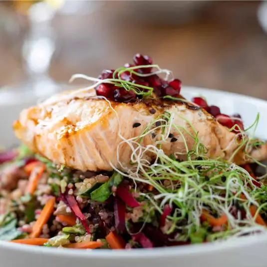 Grilled salmon with pomegranate seeds and sprouts over a colorful grain salad