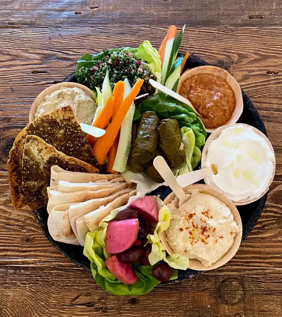 Mezze platter with hummus, baba ghanoush, dolmades, pita, and salad